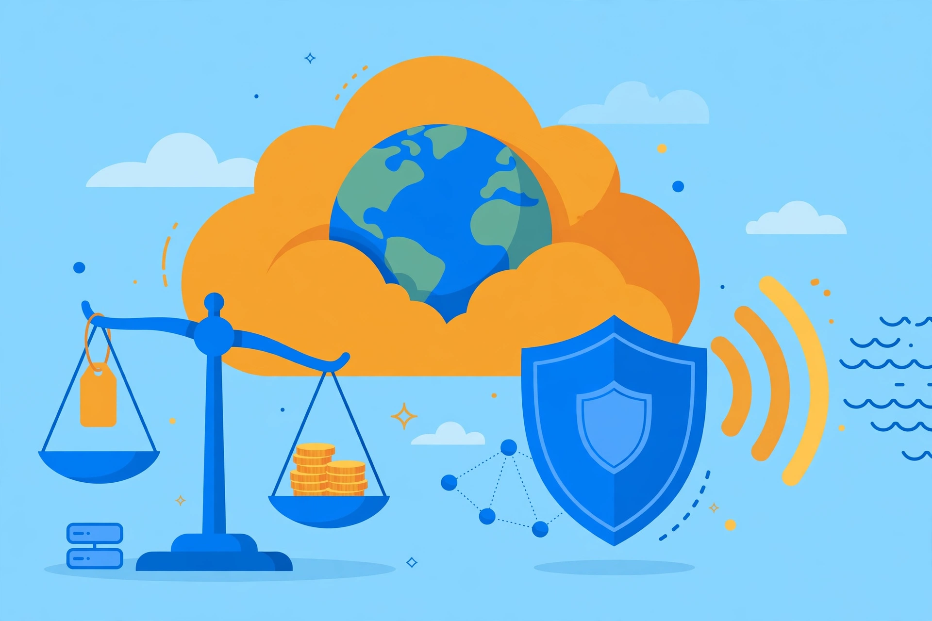 Illustration of a big orange cloud holding a globe, a balance scale weighing a price tag equal to a stack of wholesale coins, a shield and fast DNS signal waves