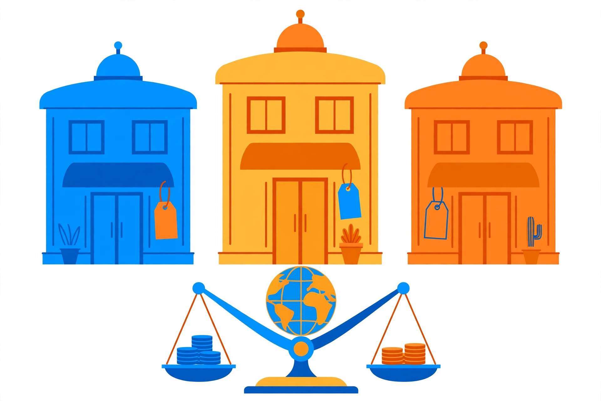 Illustration of three registrar shop buildings with price tags, weighed on a balance scale with a globe, comparing flat-price domain registrars