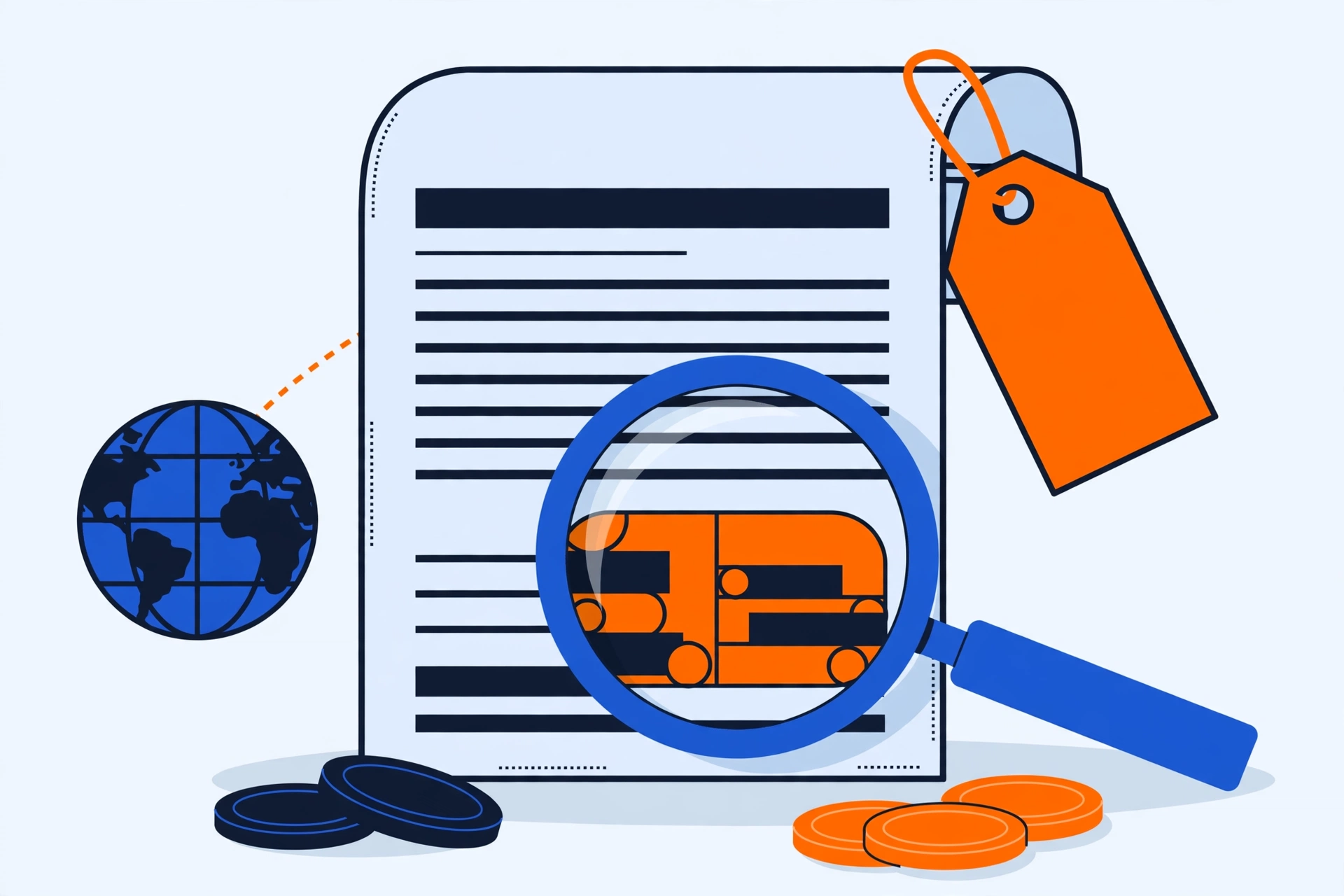 Illustration of a domain renewal invoice under a magnifying glass, with an oversized price tag, a globe and coins