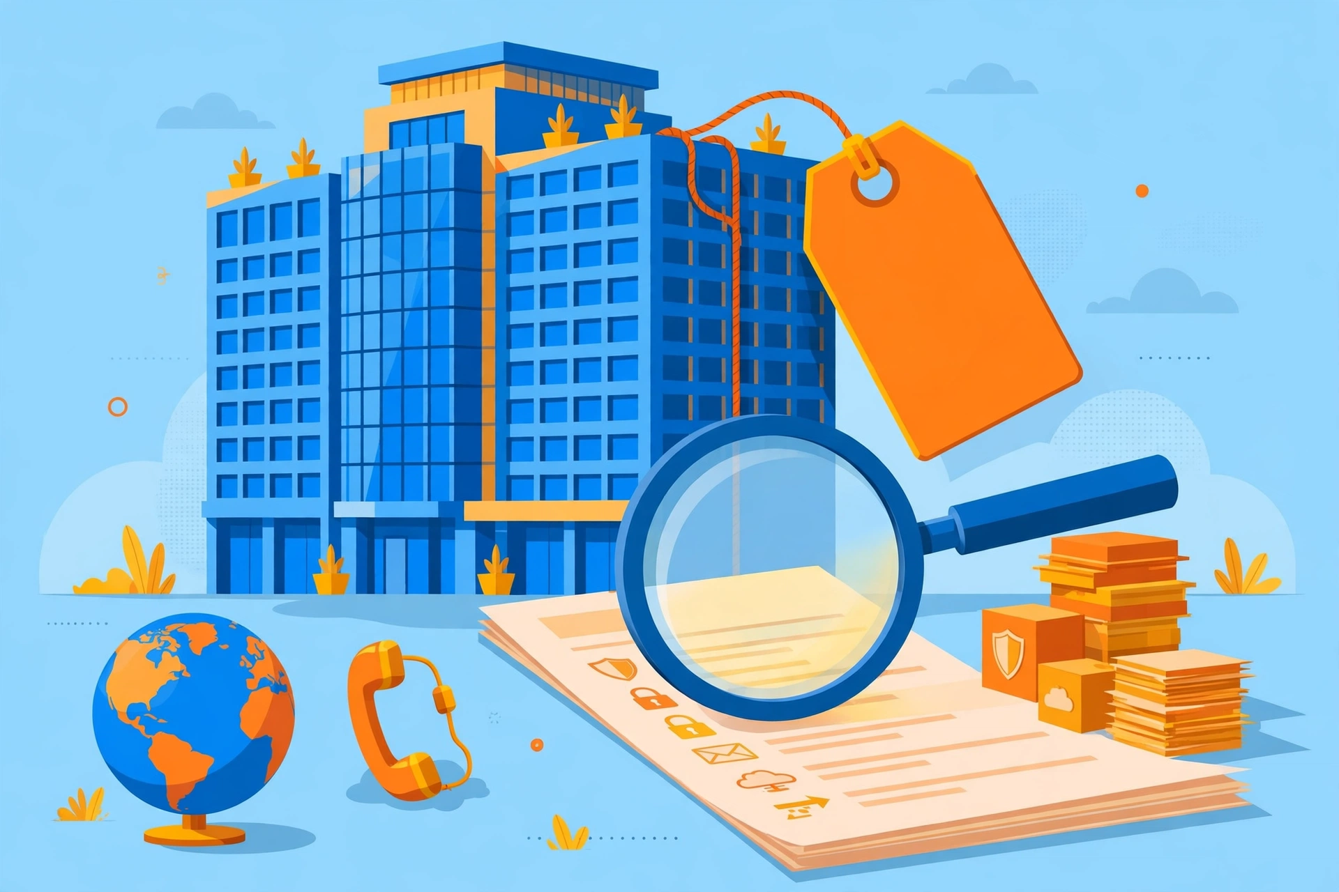 Illustration of a giant corporate registrar headquarters with an oversized price tag, a magnifying glass over a long invoice of add-ons, a globe and a telephone for support