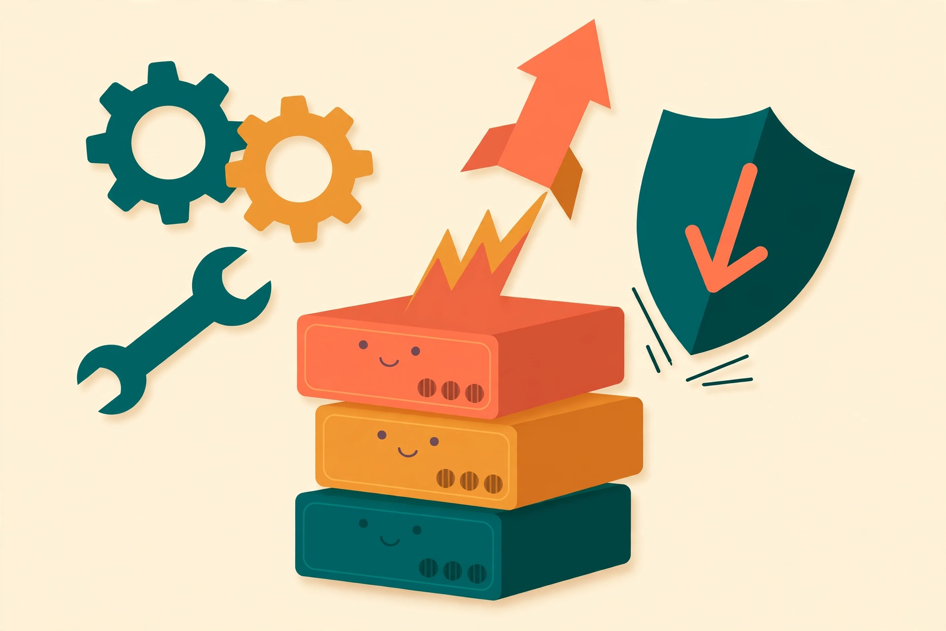 Illustration of friendly web servers with a price rocket launching from the top