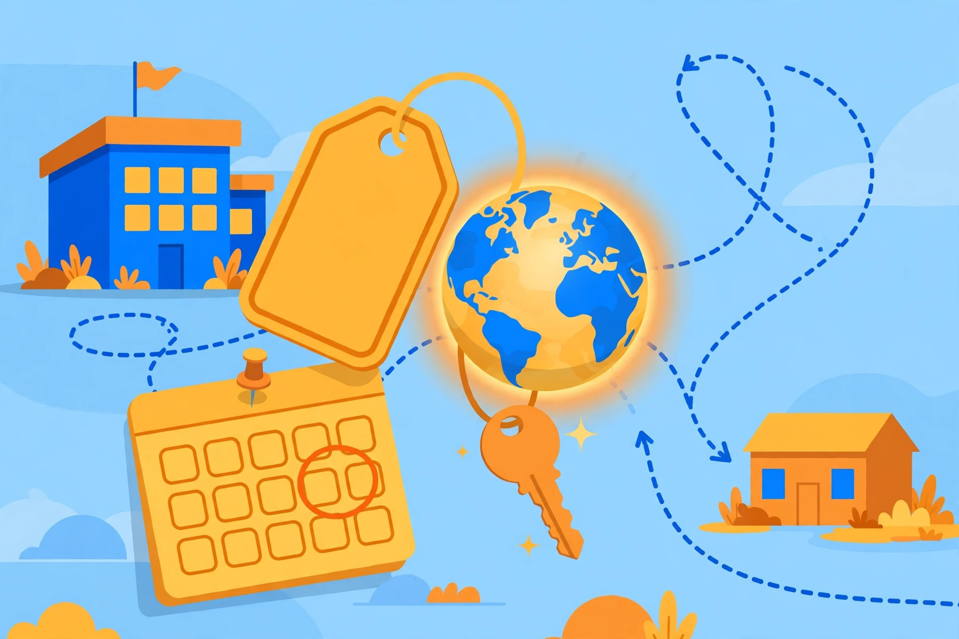Illustration of a domain price tag and key on a globe, a renewal calendar, and two paths — one looping back to the same registrar building, one moving to a smaller cheaper registrar