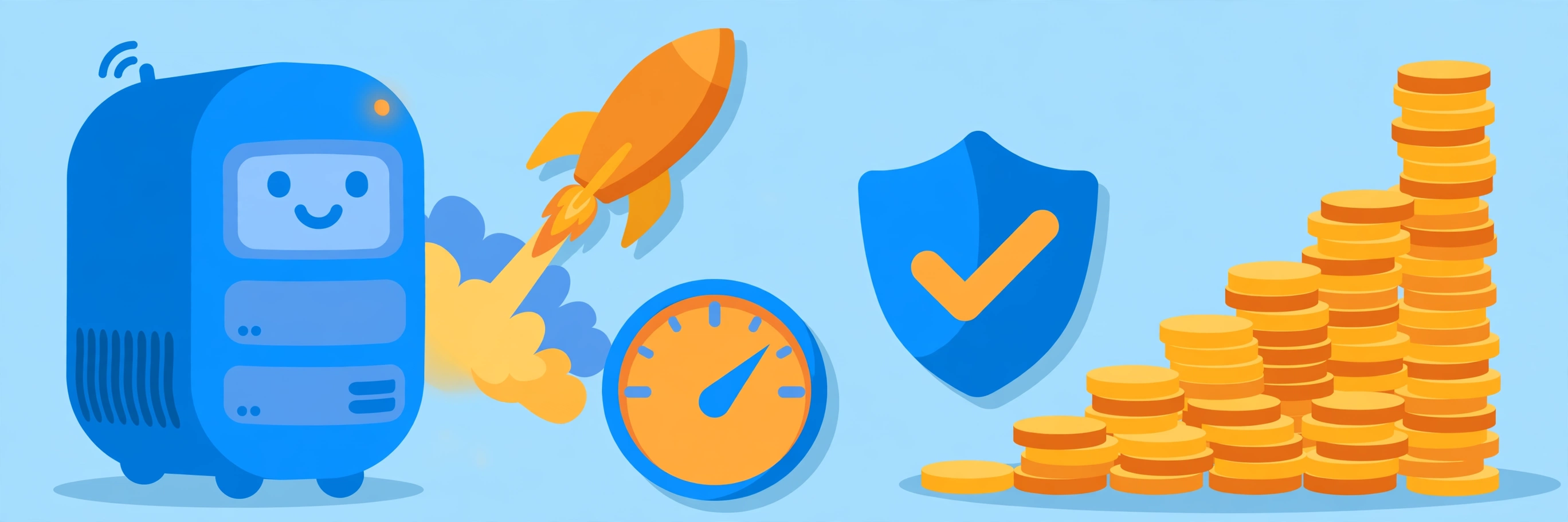 Illustration of a friendly web server with a rocket and speed gauge beside a shield, and a rising staircase of coins showing how the hosting price climbs at renewal