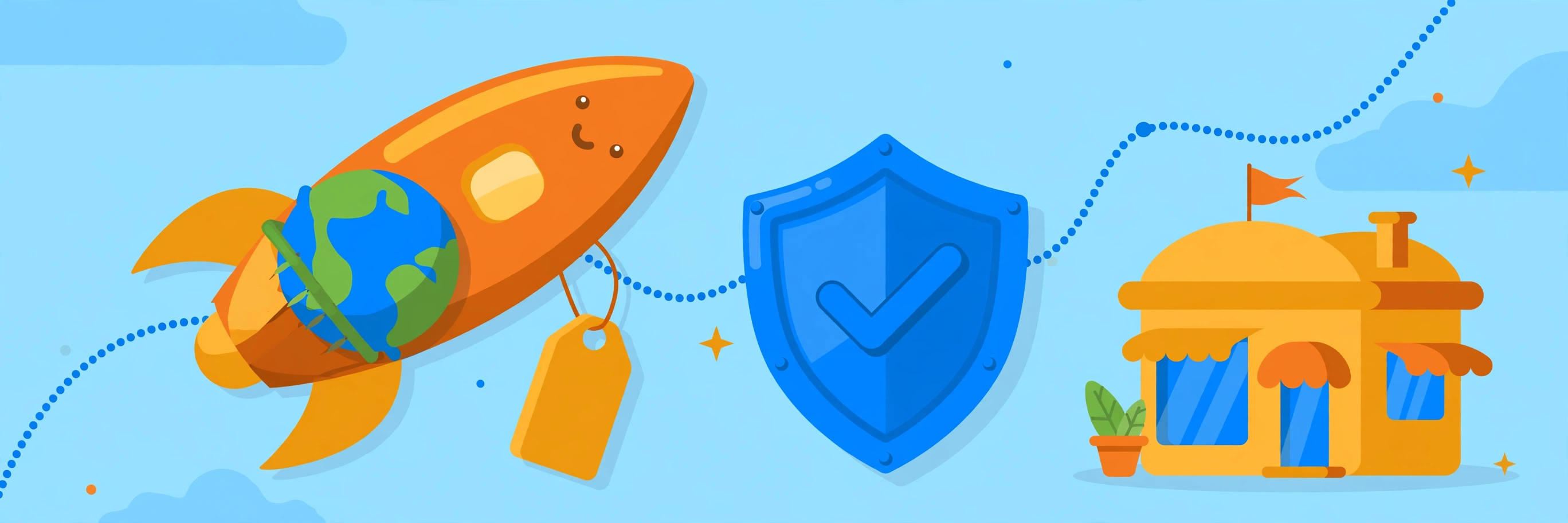 Illustration of a cheerful orange rocket carrying a globe and price tag past a protective shield and a small shop, reviewing a registrar and budget hosting company