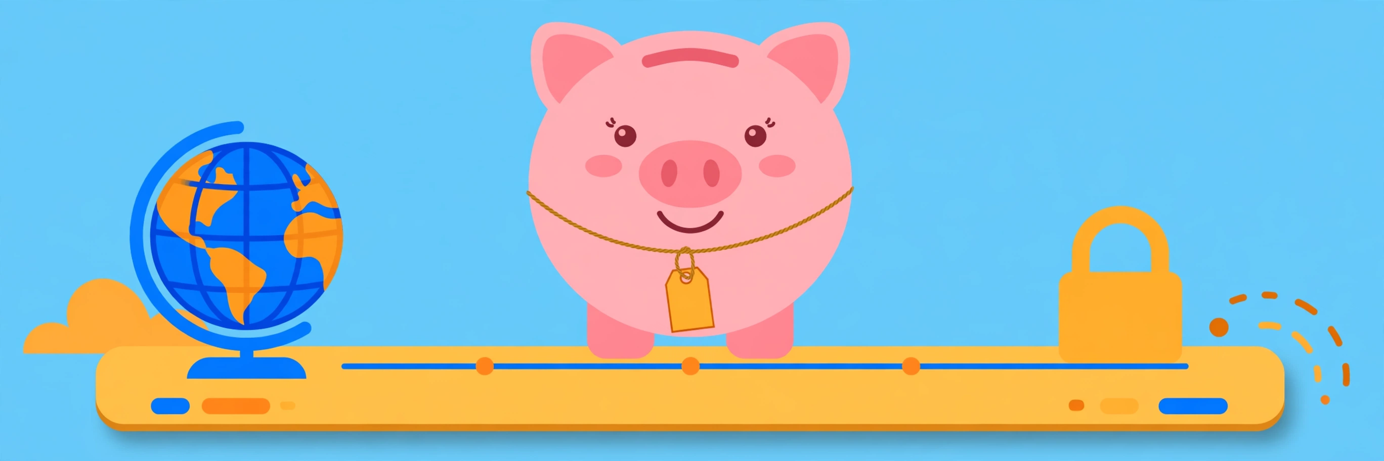 Illustration of a cheerful pink piggy bank with a price tag, standing on a dashboard beside a globe and a padlock, with a flat price line that never rises