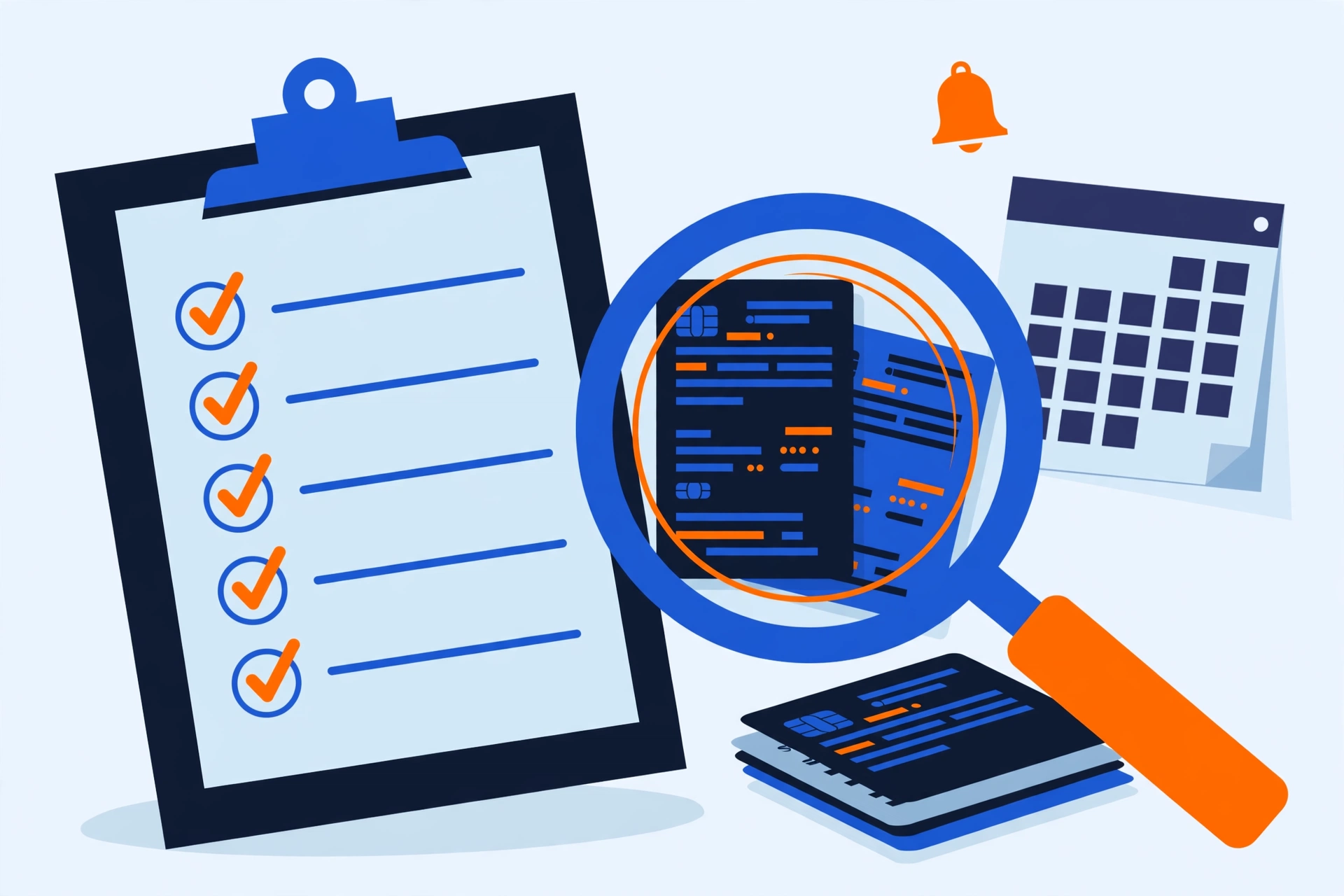 Illustration of a renewal audit checklist on a clipboard, with a magnifying glass over card statements, a calendar and a reminder bell