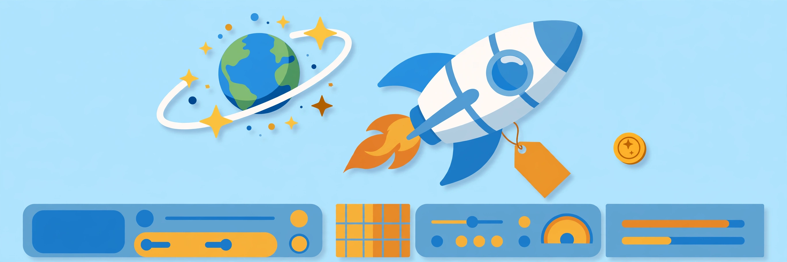 Illustration of a cute spaceship rocket with a price tag tied to its fin, orbiting a small globe among stars, with a tiny separate fee coin beside the tag
