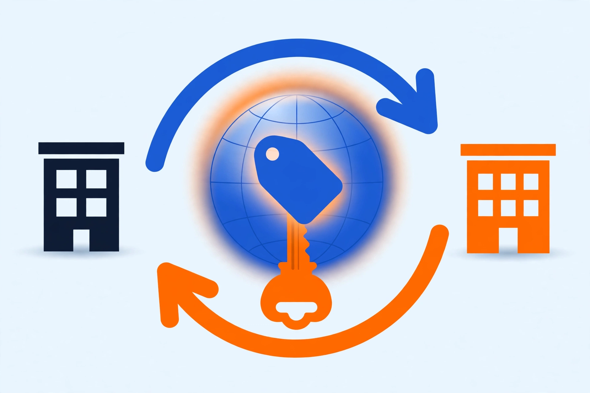 Illustration of a domain globe with a price tag and key moving between two registrar buildings, circled by transfer arrows