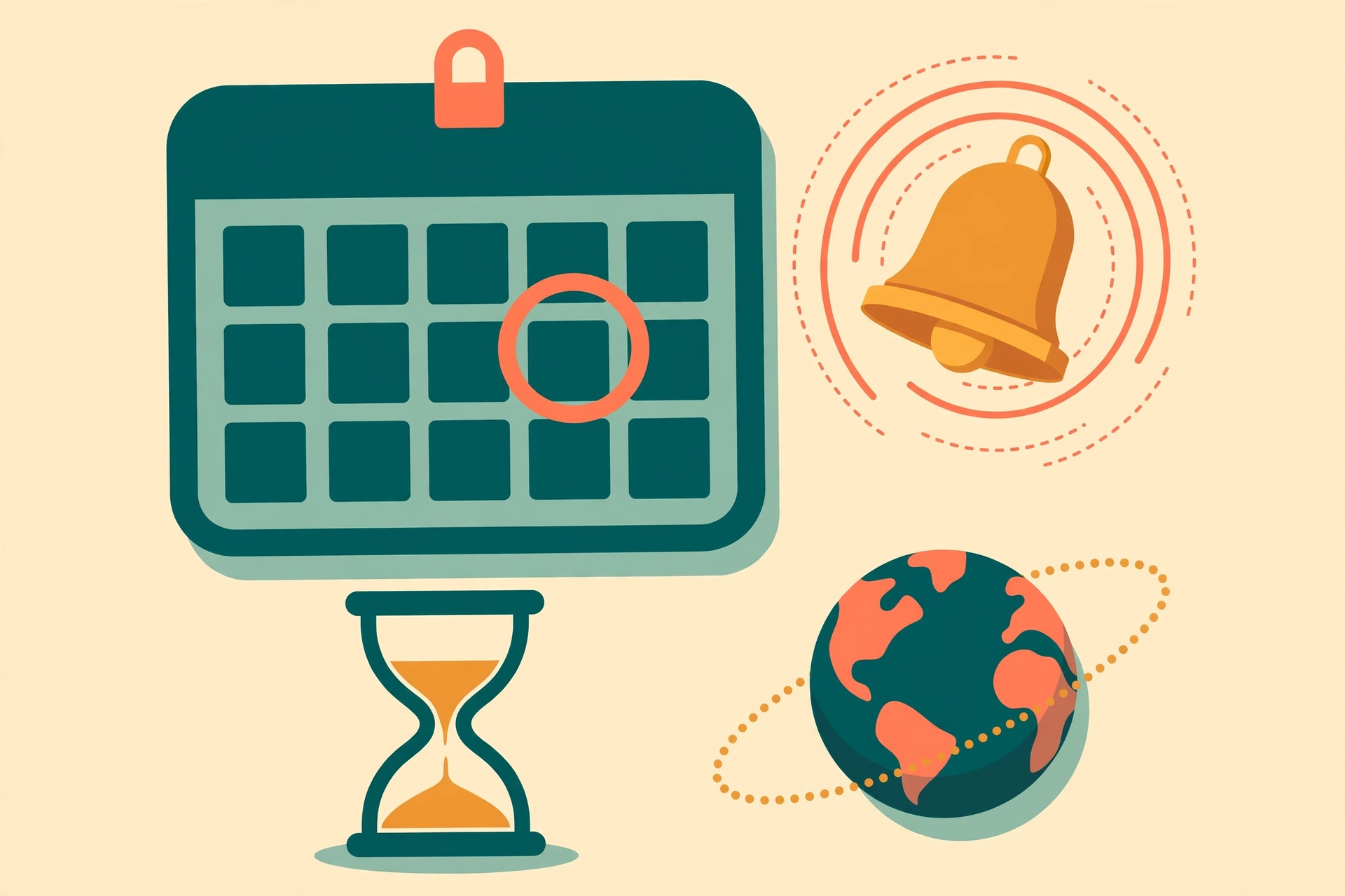 Illustration of a calendar with a circled date, a ringing bell, an hourglass and a globe